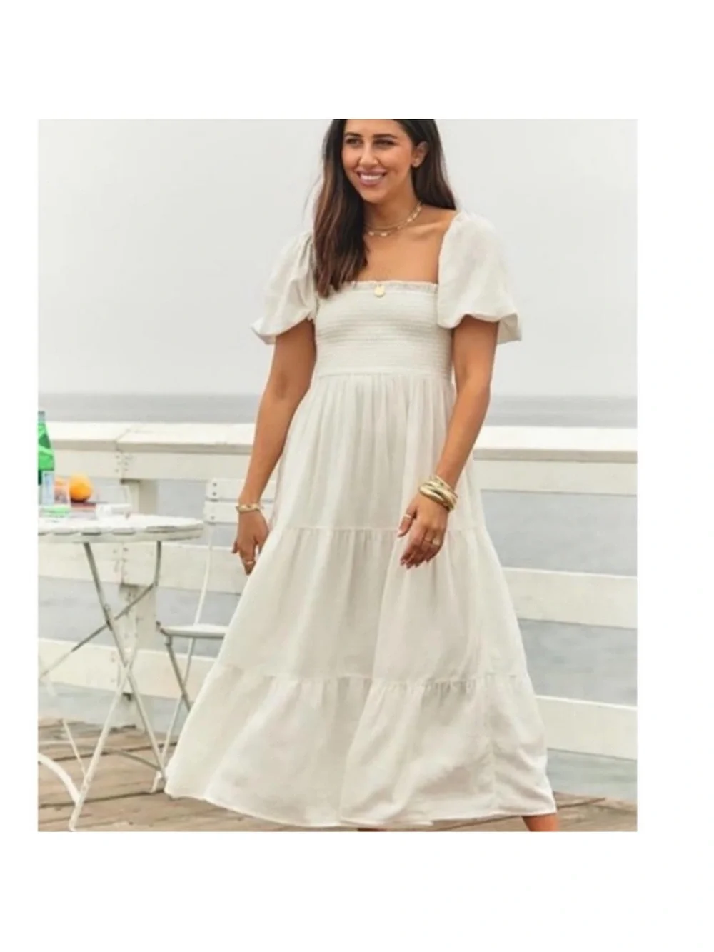 Abercrombie Smocked Square Neck Puff Sleeve Maxi Dress in Cream Linen Blend